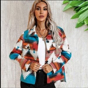 S H E I N Aztec Button Down Lightweight Jacket Bright Colors Size Medium/ 6